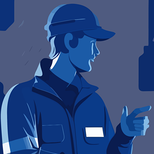 a vector illusteration of a plant worker in dark blue uniform giving safety talk