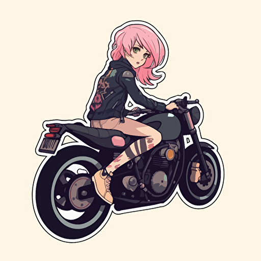 skinny pink haired manga girl riding a motorcycle, flat style, black, pink, sticker, vector style