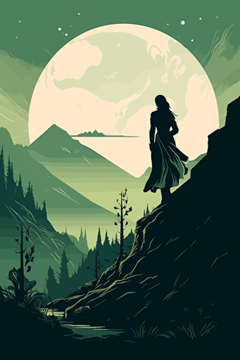 movie poster, fantasy and science fiction, female hero, city, mountains, drama, minimalistic vector art,