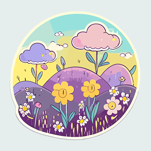 vector sticker design, transparent background, kawaii cute style, yellow and purple pastels wildflower field against blue sky, with clouds