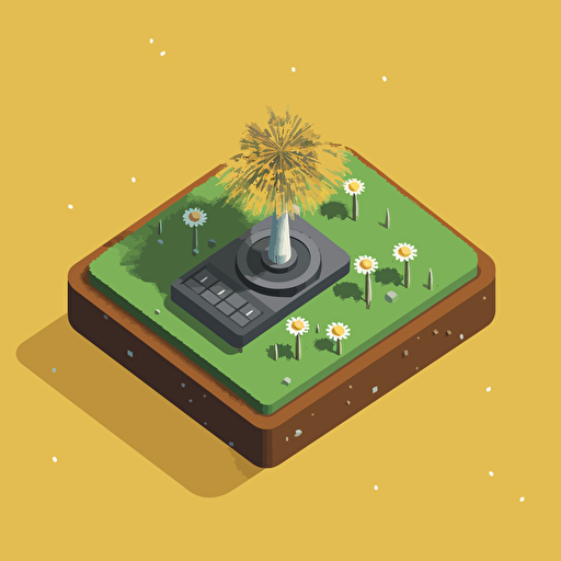 vector isometric illustration of a retro arcade controller made from grass and layered dirt with the gamestick taking the shape of a single dandelion.