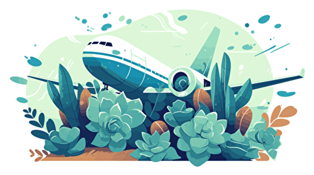 importing succulents on airplane, flat color, vector illustration, for blog thumbnail image, simple, white background