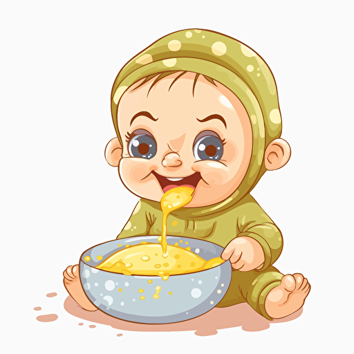 A baby is eating porridge with a happy expression and motion, no background,vector shapes,vectorart