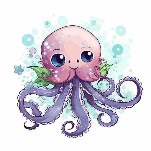 cute octopus, detailed, cartoon style, 2d clipart vector, glittery, creative and imaginative, floral, hd, white background