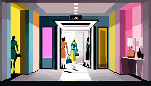 Entrance to a fashion store in a mall with an whitelabeled display above the door, in the style of lively tableaus, li-core, colorful, vectorized