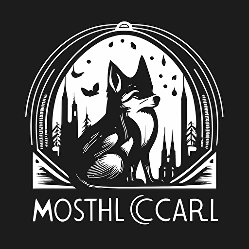 a creative logo for "McCarthy Choral", with a small fox, with a large cathedral, with a forest, black and white, flat vector