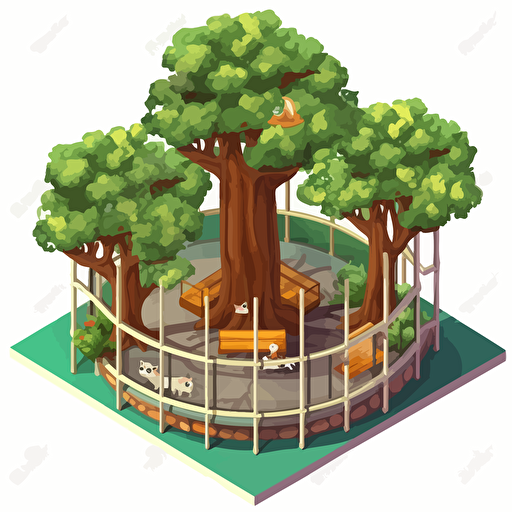 isometric cartoon vector image of an empty animal enclosure with large tree in the center, scaffolding, transparent background