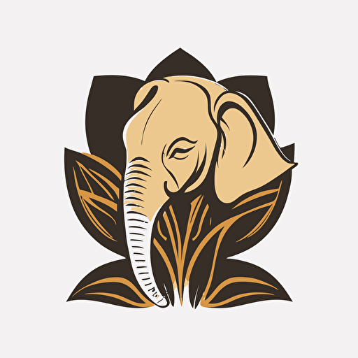 simple flat vector logo of a elephants face whithout body where the nose is pointing up and holding a lotus flower, 3 colors one of them gold