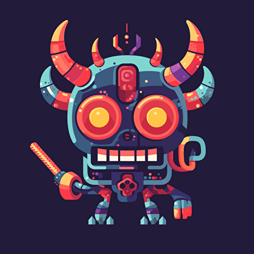 Cute kurzgesagt vector art of a robot with a big CRT head and angry pixel eyes, with a smile and horns and a pitchfork. As if they are a cute vector art robot demon hybrid.