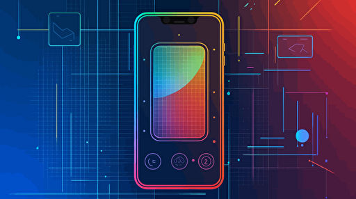 an ultra simple, straight to camera, modern vector illustration of a colorful wireframe of a single mobile app, over a bright and celebratory background