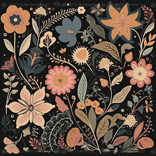 a floral pattern on black background, 2d vector, pastel colors