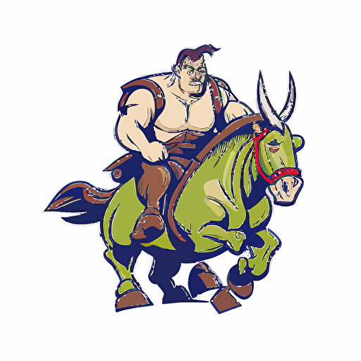 ogre riding a donkey, vector logo, vector art, emblem, simple cartoon, 2d, no text, white background