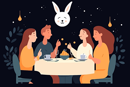 shot on Afga Vista 400, dinner with parents, dinner with all family, warm autumnal colors, non-blurred, sharp, walls decorated with rabbit and moon vectorial minimal contemporary symbols colors