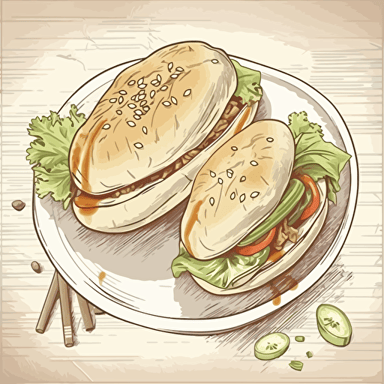 pencil drawn poster of steamed bao Buns filled with pork belly and sweet syrup and coriander and cucumber and carrot pickles, retro style, artistic, clean background, vector, pencil drawn