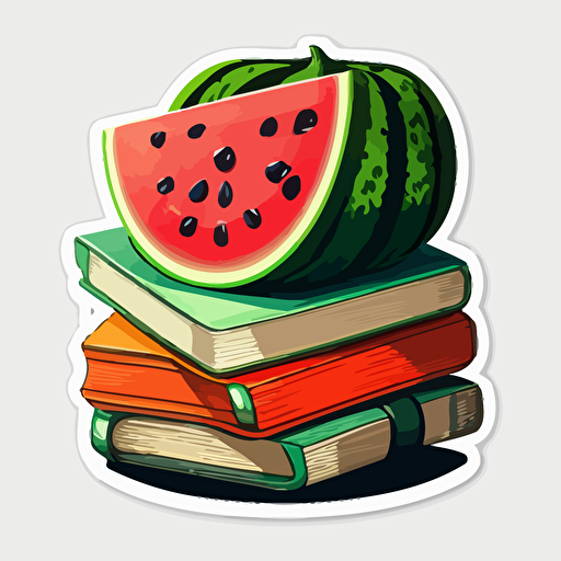 Sticker art, vector art, a stack of books with an watermelon on top