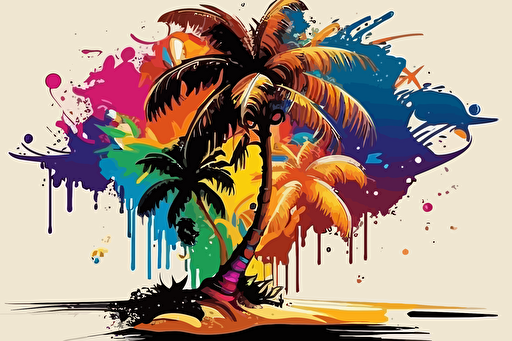 vector, tropical coconut tree beach, vivid colors, detailed, design, pixar, colorful