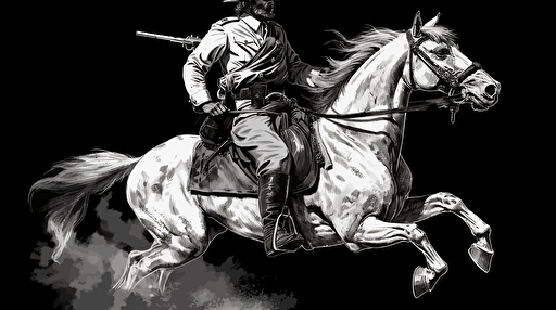 confederate general riding a galloping war horse with war paint on his face pointing a musket, profile view, black and white vector style