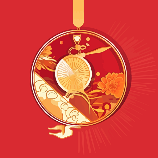 a vector drawing of a golden medalon a red background, flat colors, japanese, sophisticated, beautiful