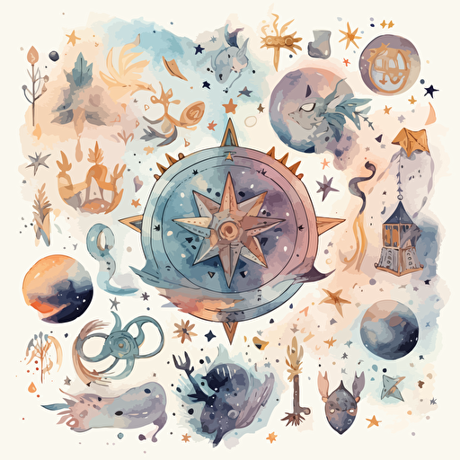 astrology symbols, galaxy, stars, whimsical dreamy style, muted colors vector digital painting, white background