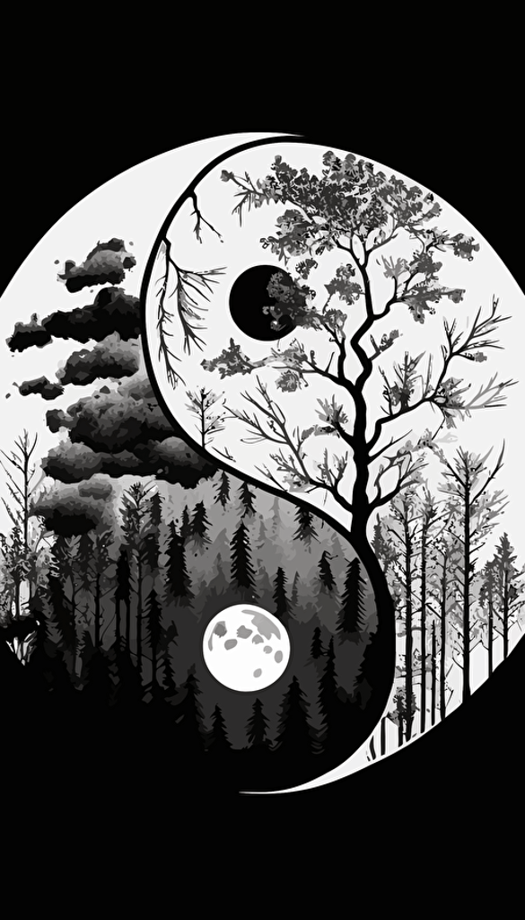 yin and yang ☯️, nature, forest, black and white, abstract, vector art, minimalistic