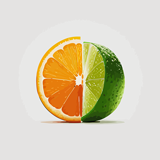 minimalist, orange fruit, half of a green lime in front, 2d, clean, illustration, vector, white background