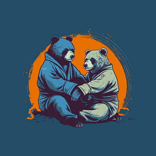 Two Bears practicing jiu jitsu on top of each other on the ground, vector animation illustration, 4 colors limit, solid background, high resolution