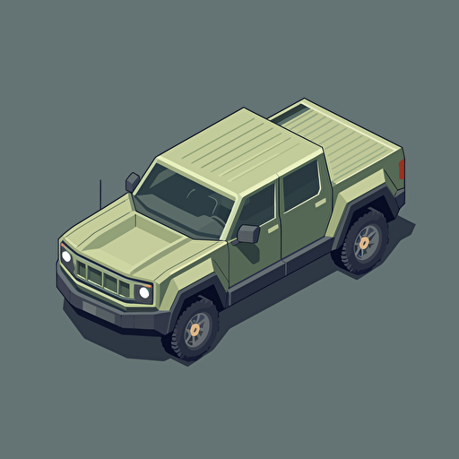 isometric icon, olive green 2022 Rivian R1T pickup truck, solid background, in the style of Matthew Skiff illustrations, in the style of Christopher Lee illustrations, in the style of Jonathan Ball illustrations, simple, rough-edged drawing, vector illustration, flat art,