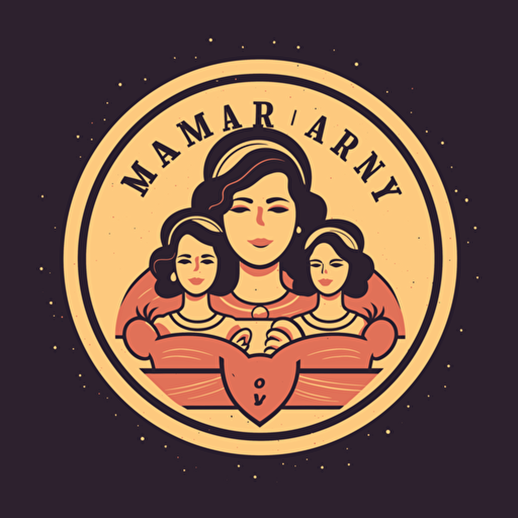 Create a modern logo with two vector cakes featuring a mother and two daughters all in a circular frame. do it with gold, old pink and black colors, with letters around it that say mariamy