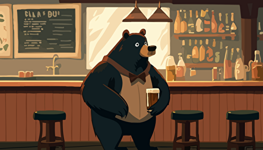 A cute black bear drinking beer in a bar, with a vector image drawn in Adobe Illustrator style,