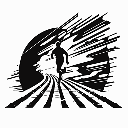 brand logo, black and white, explorer running on train tracks, abstract, flat vector art, flat color