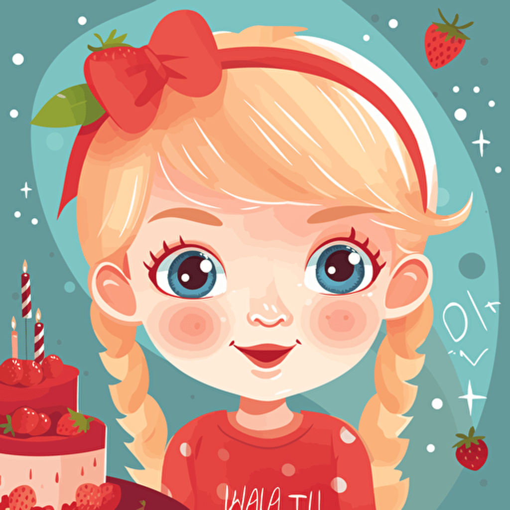 cute vector art illustration for a kids birthday party invitation with a strawberry theme, 1 year old girl with blond hair and blue eyes, 1st Birthday Party, happy mood, cute style, Vivid_Red, Light_Red
