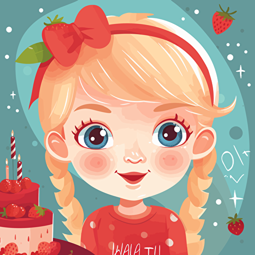 cute vector art illustration for a kids birthday party invitation with a strawberry theme, 1 year old girl with blond hair and blue eyes, 1st Birthday Party, happy mood, cute style, Vivid_Red, Light_Red