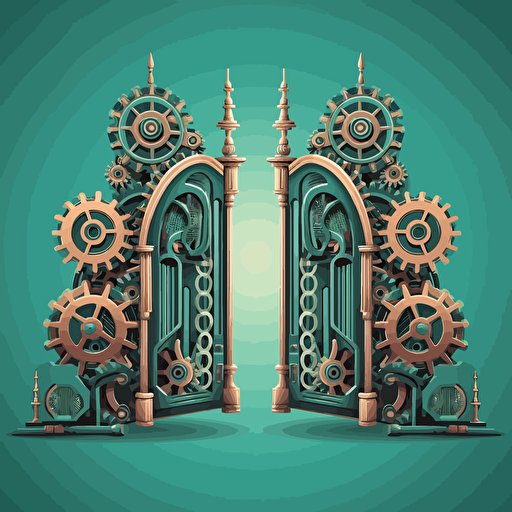 symmetrical open gates with a gear coming out of them, as simple as possible, vector