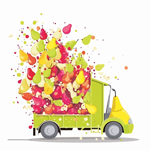 concrete mixer truck full of pears only, pears falling from inside, colorfull, vivid colors, white background, vector style