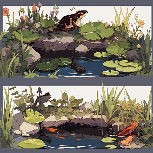 vector illustration, pond animals, a frog, a bird , a skunk