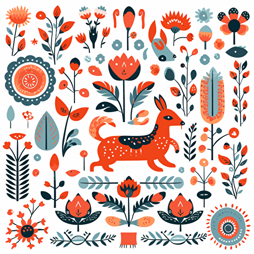 Scandinavian folk elements of hares, foxes, flowers, leaves, birds, round image, flat vector style