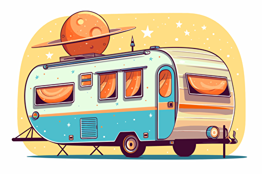 2d illustration, 1960's trailer with planets simple vector colorful sticker