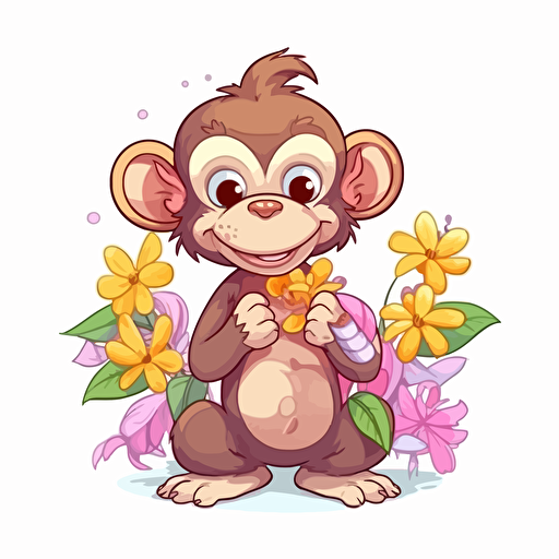 cute monkey with flowers, detailed, cartoon style, 2d clipart vector, creative and imaginative, hd, white background