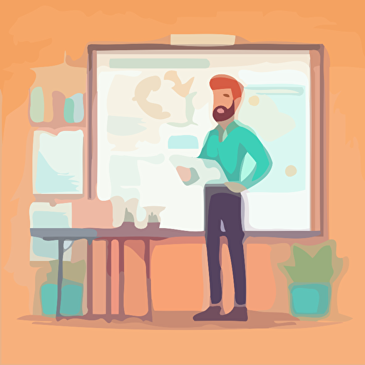Project Manager in an office in front of a whiteboard explains something vector illustration