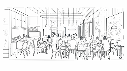 modern cafe,people sitting around,line drawing,vector line