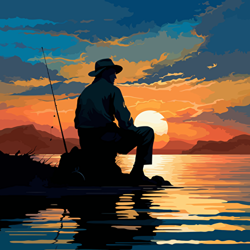 fishing man silhouette, beach background vector illustration, in the style of raphael lacoste, restrained impressionism, uhd image, r. kenton nelson, pensive stillness, high resolution, john mckinstry