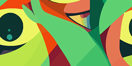 a cartoon vector style illustration of a green monster with three eyes, stomping through a city, colourful, paper texture