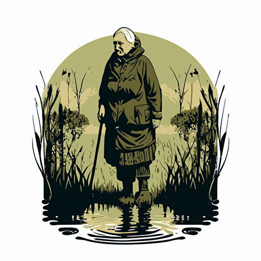 A logo with an old lady in rubber boots standing in a swamp as the symbol. Vector, simple, two-color with white background