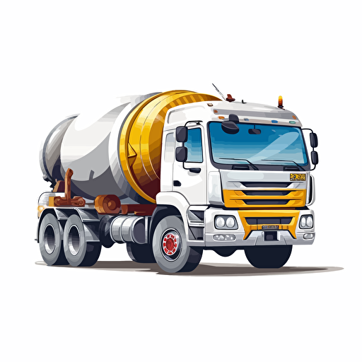 concrete mixer truck, 2D vector style, cartoon, white background, side view