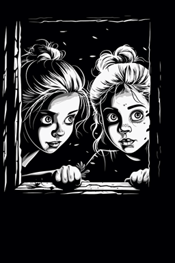 liniar art, black and white vector style, outline of two girls peeking through the window of a souterrain window, you only see there eyes, one afro silhouette girl one blond girls silhouette girl, they have big bambi like eyes, you only see there eyes peeking over the ledge of the window, white background, logo style