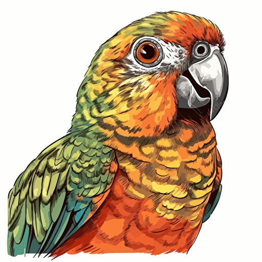 Conure bird looking straight in the camera, white bg, vector