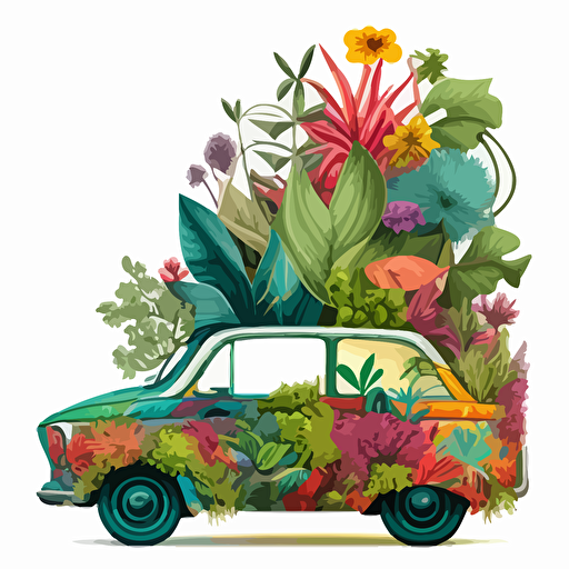 a picture of the side of a car which is stuffed with colorful houseplants which are coming out of top and sides, vector drawing, highly detailed on a white background