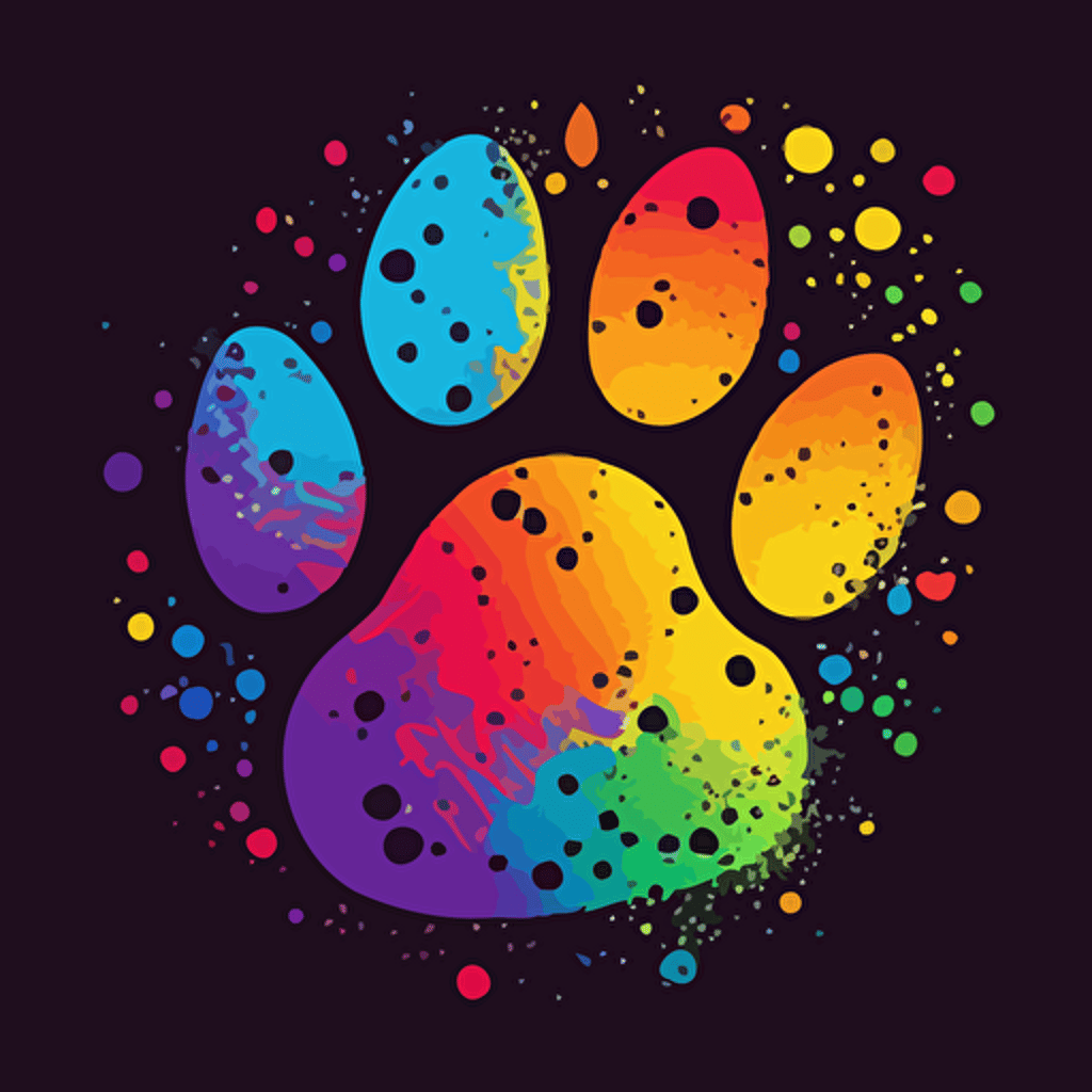 logo design, flat 2d vector logo of a paw print,rainbow colors, 80s, lisa-frank-inspired