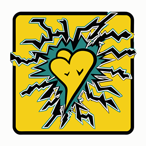 drawed yellow heart surrounded by thunder and electric sparks pixar style, 2d flat design, vector, cut sticker