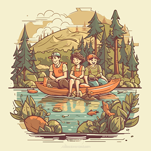 family vacation in the forest with lake vector drawing, cartoon style, vector illustration, flat, 2d, soft color tone, outline, by teeturtle